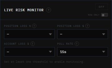 The Live Risk Monitor widget in its default state, with four threshold dropdowns and the toggle set to OFF