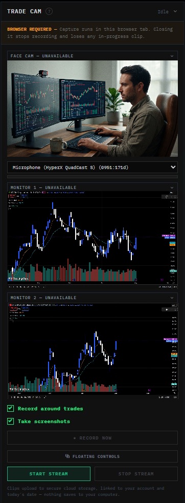 QuantAI's Trade Cam widget showing face cam and dual monitor capture, with Record Now and Start Stream controls