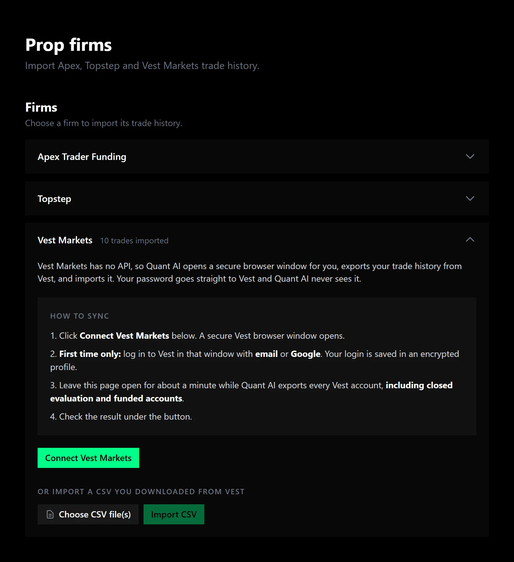 The Vest Markets card in QuantAI Settings under Prop Firms, with a How to sync box and a Connect Vest Markets button