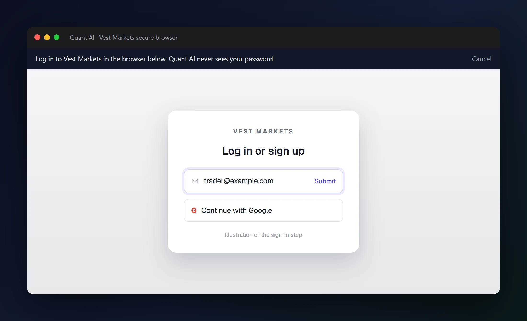Illustration of the QuantAI secure browser pop-out showing a generic sign-in page and the message Quant AI never sees your password