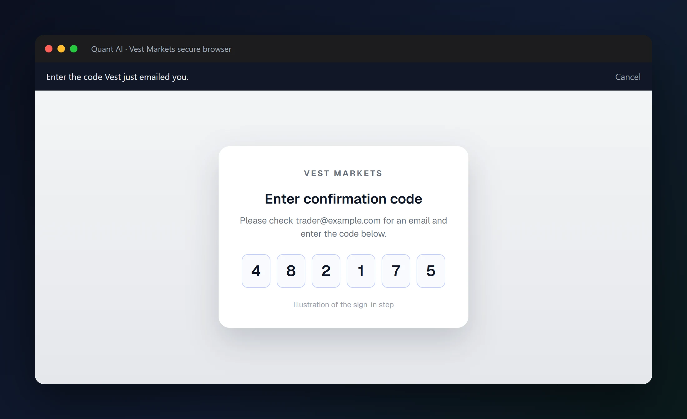 Illustration of the one-time confirmation code step in the secure browser window