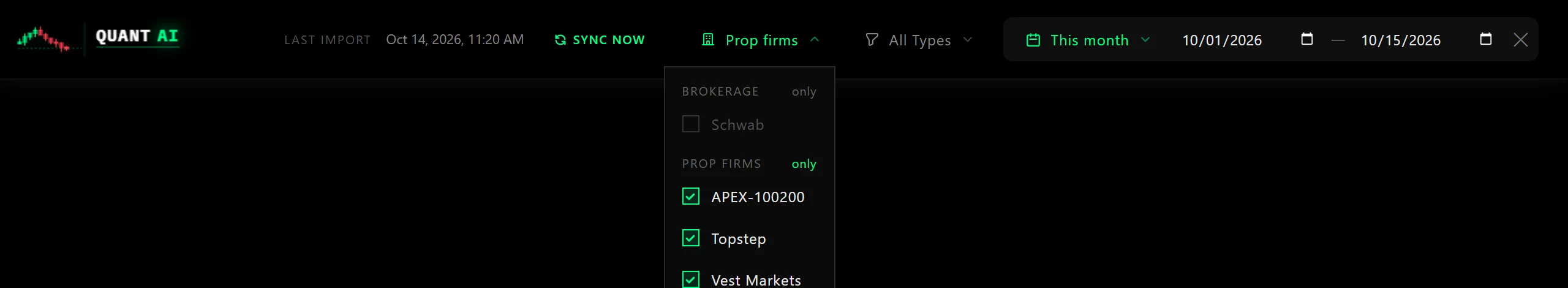 The dashboard broker filter open, with Schwab under Brokerage and Apex, Topstep and Vest Markets under Prop firms, narrowed to the prop firms